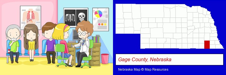 a clinic, showing a doctor and four patients; Gage County, Nebraska highlighted in red on a map