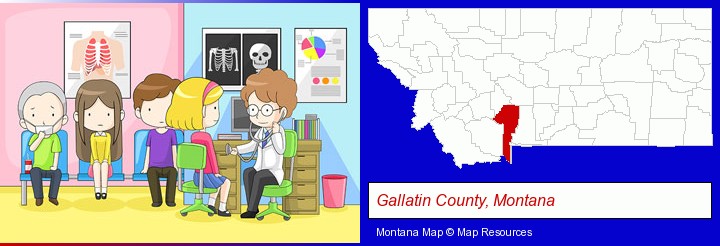 a clinic, showing a doctor and four patients; Gallatin County, Montana highlighted in red on a map