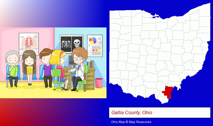 a clinic, showing a doctor and four patients; Gallia County, Ohio highlighted in red on a map
