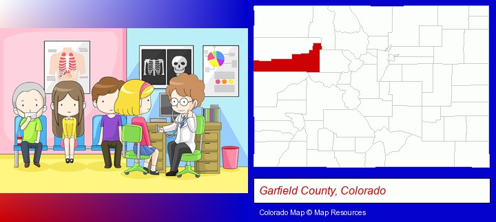 a clinic, showing a doctor and four patients; Garfield County, Colorado highlighted in red on a map