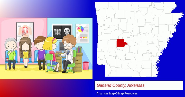 a clinic, showing a doctor and four patients; Garland County, Arkansas highlighted in red on a map