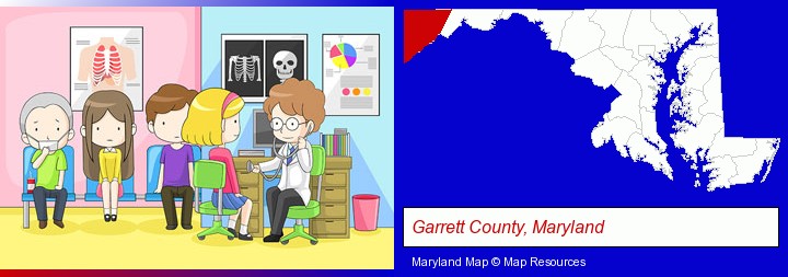 a clinic, showing a doctor and four patients; Garrett County, Maryland highlighted in red on a map