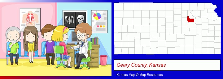 a clinic, showing a doctor and four patients; Geary County, Kansas highlighted in red on a map