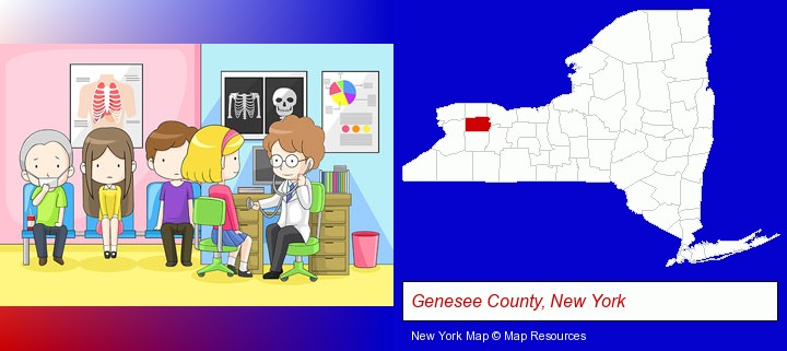 a clinic, showing a doctor and four patients; Genesee County, New York highlighted in red on a map