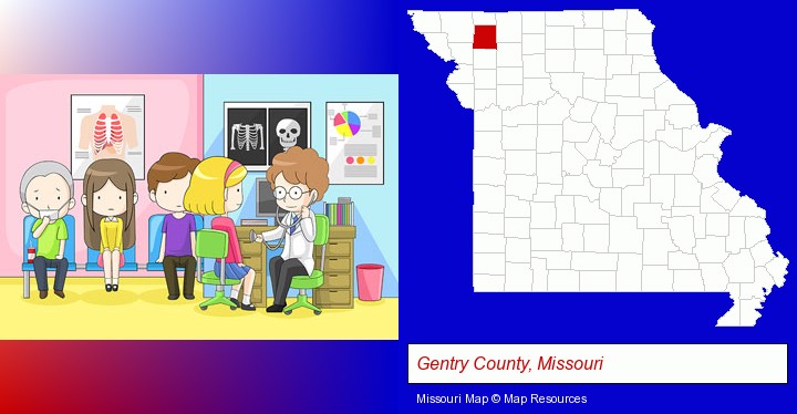 a clinic, showing a doctor and four patients; Gentry County, Missouri highlighted in red on a map