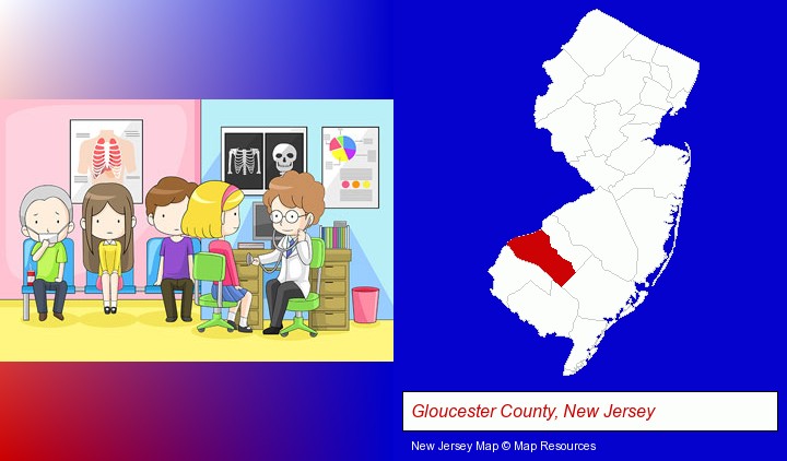 a clinic, showing a doctor and four patients; Gloucester County, New Jersey highlighted in red on a map