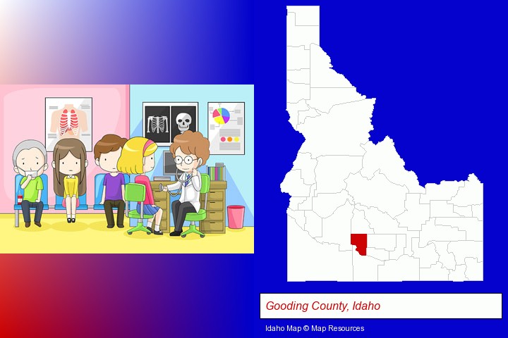 a clinic, showing a doctor and four patients; Gooding County, Idaho highlighted in red on a map
