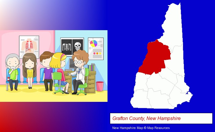 a clinic, showing a doctor and four patients; Grafton County, New Hampshire highlighted in red on a map