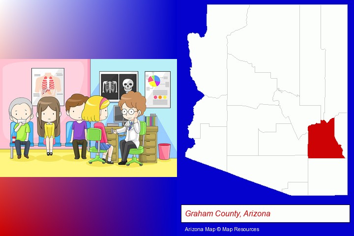 a clinic, showing a doctor and four patients; Graham County, Arizona highlighted in red on a map