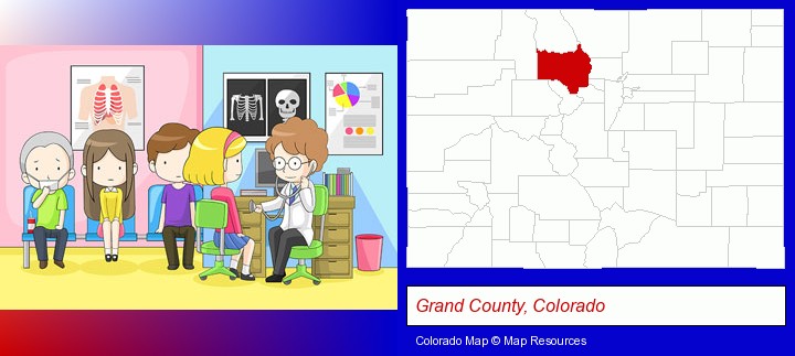 a clinic, showing a doctor and four patients; Grand County, Colorado highlighted in red on a map