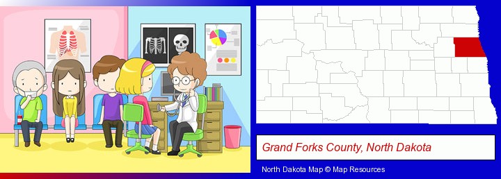 a clinic, showing a doctor and four patients; Grand Forks County, North Dakota highlighted in red on a map