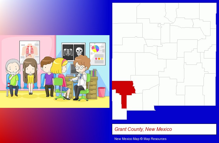 a clinic, showing a doctor and four patients; Grant County, New Mexico highlighted in red on a map