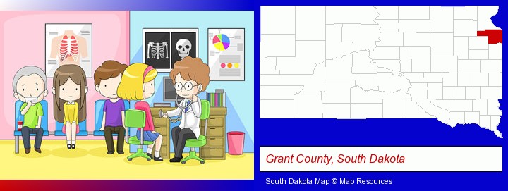 a clinic, showing a doctor and four patients; Grant County, South Dakota highlighted in red on a map