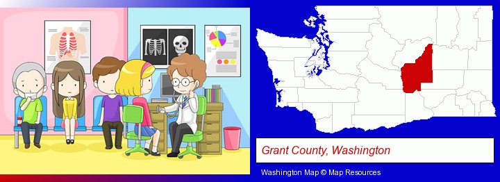a clinic, showing a doctor and four patients; Grant County, Washington highlighted in red on a map