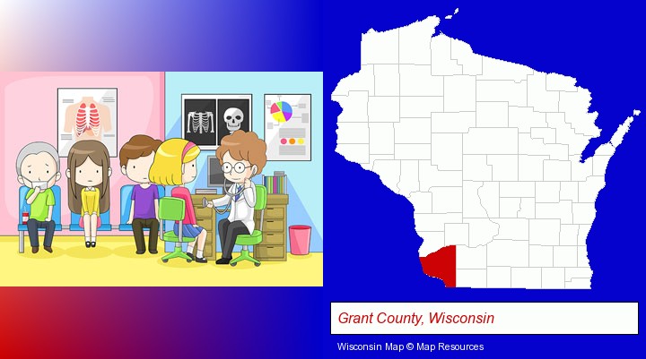 a clinic, showing a doctor and four patients; Grant County, Wisconsin highlighted in red on a map