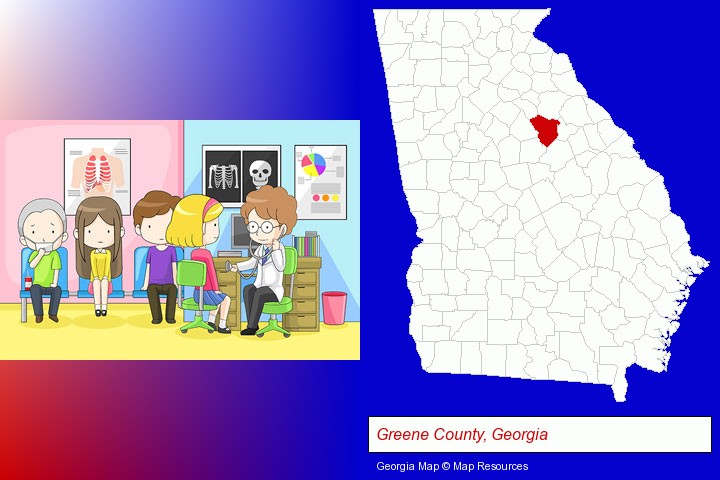 a clinic, showing a doctor and four patients; Greene County, Georgia highlighted in red on a map