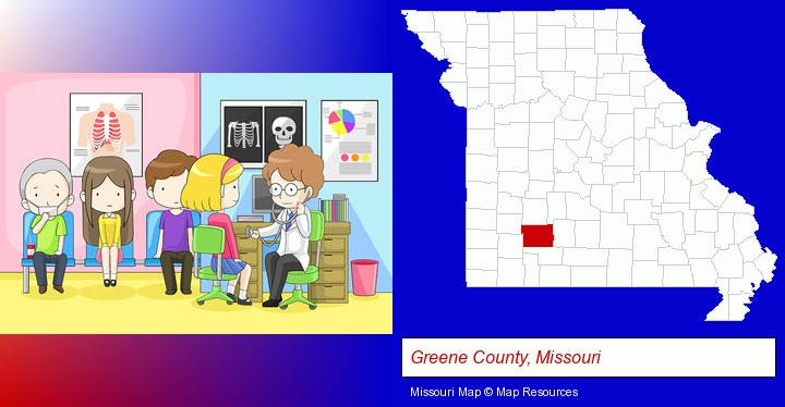 a clinic, showing a doctor and four patients; Greene County, Missouri highlighted in red on a map
