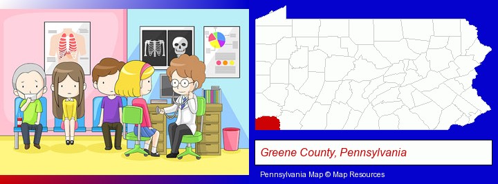 a clinic, showing a doctor and four patients; Greene County, Pennsylvania highlighted in red on a map