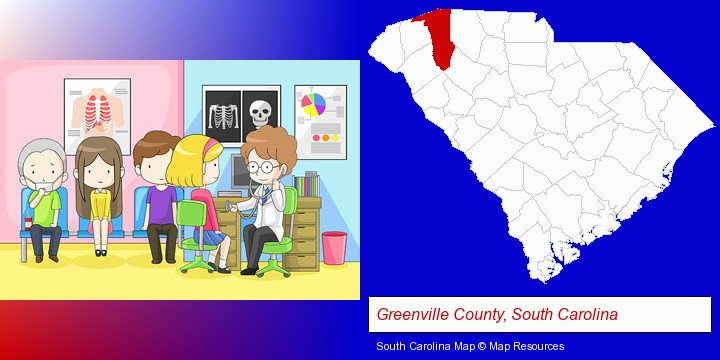 a clinic, showing a doctor and four patients; Greenville County, South Carolina highlighted in red on a map