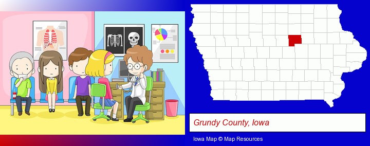 a clinic, showing a doctor and four patients; Grundy County, Iowa highlighted in red on a map