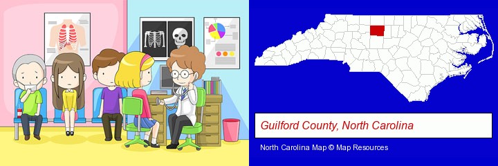 a clinic, showing a doctor and four patients; Guilford County, North Carolina highlighted in red on a map