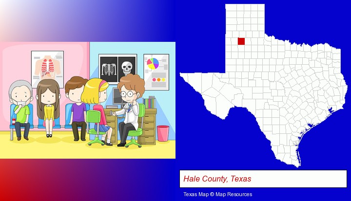 a clinic, showing a doctor and four patients; Hale County, Texas highlighted in red on a map