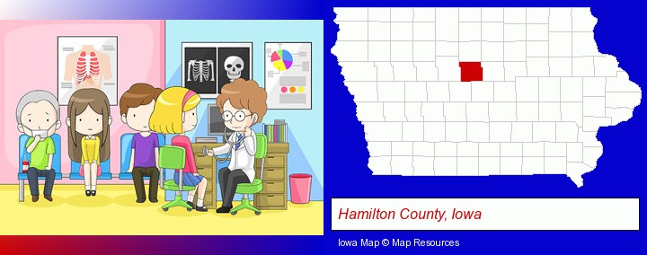a clinic, showing a doctor and four patients; Hamilton County, Iowa highlighted in red on a map