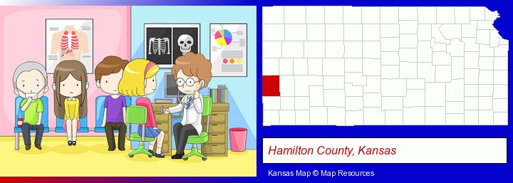 a clinic, showing a doctor and four patients; Hamilton County, Kansas highlighted in red on a map