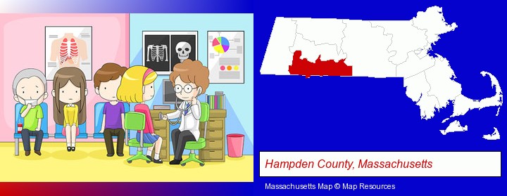 a clinic, showing a doctor and four patients; Hampden County, Massachusetts highlighted in red on a map