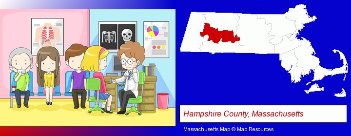 a clinic, showing a doctor and four patients; Hampshire County, Massachusetts highlighted in red on a map