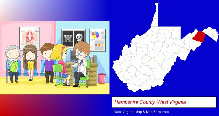 a clinic, showing a doctor and four patients; Hampshire County, West Virginia highlighted in red on a map