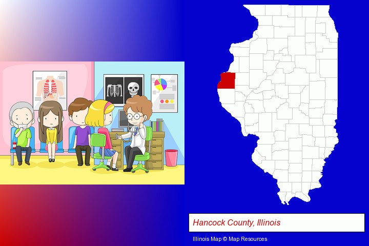 a clinic, showing a doctor and four patients; Hancock County, Illinois highlighted in red on a map