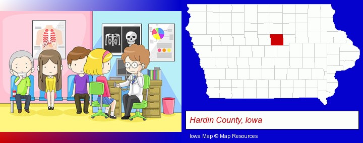 a clinic, showing a doctor and four patients; Hardin County, Iowa highlighted in red on a map