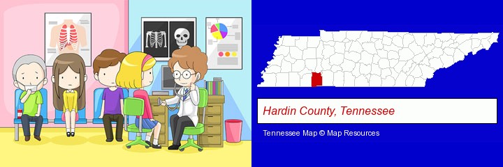 a clinic, showing a doctor and four patients; Hardin County, Tennessee highlighted in red on a map
