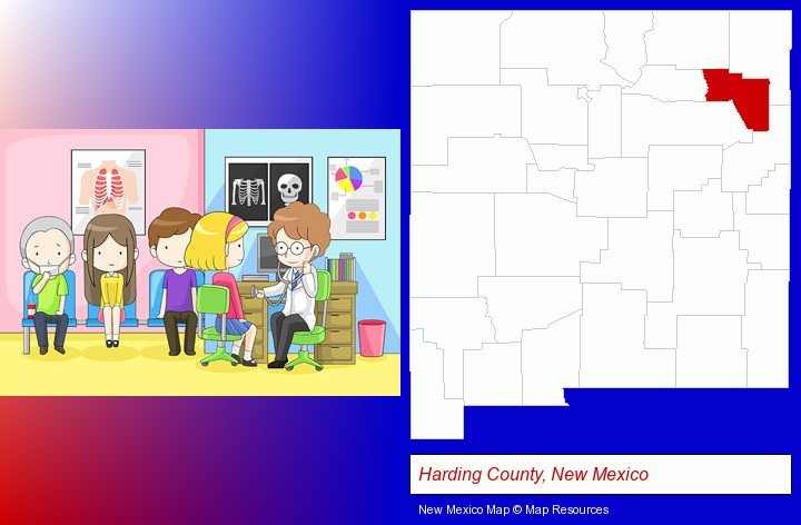 a clinic, showing a doctor and four patients; Harding County, New Mexico highlighted in red on a map