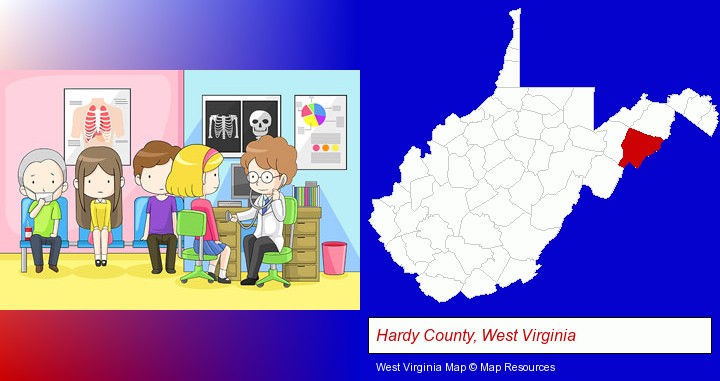 a clinic, showing a doctor and four patients; Hardy County, West Virginia highlighted in red on a map