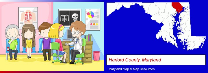 a clinic, showing a doctor and four patients; Harford County, Maryland highlighted in red on a map