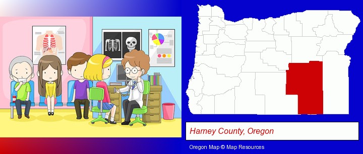 a clinic, showing a doctor and four patients; Harney County, Oregon highlighted in red on a map