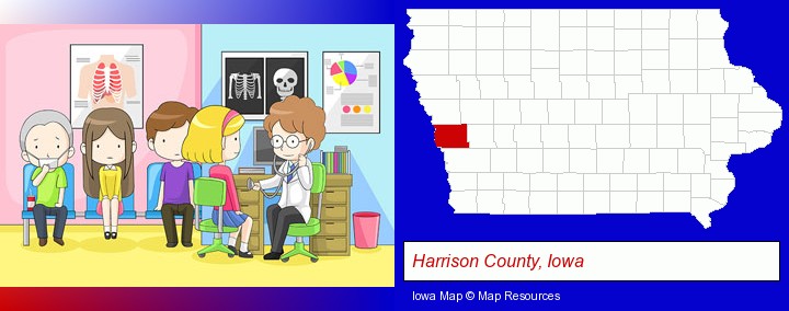 a clinic, showing a doctor and four patients; Harrison County, Iowa highlighted in red on a map