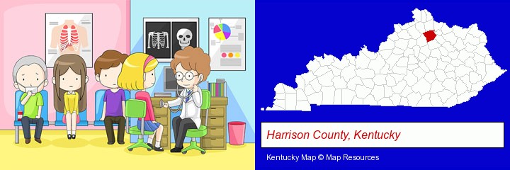 a clinic, showing a doctor and four patients; Harrison County, Kentucky highlighted in red on a map