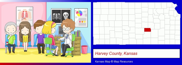 a clinic, showing a doctor and four patients; Harvey County, Kansas highlighted in red on a map