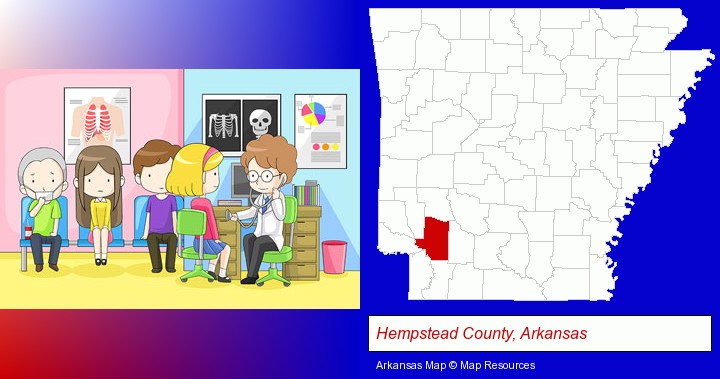 a clinic, showing a doctor and four patients; Hempstead County, Arkansas highlighted in red on a map