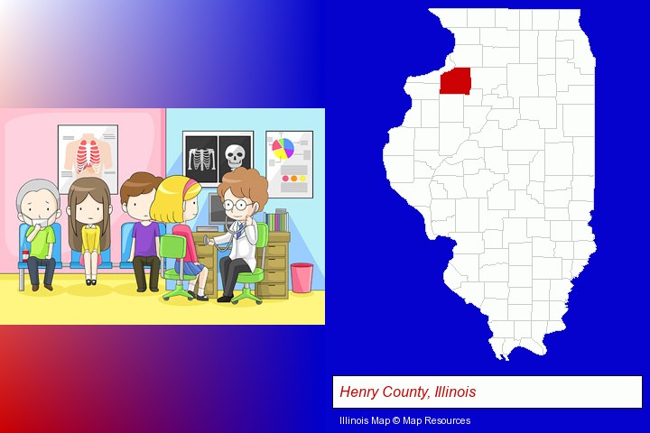 a clinic, showing a doctor and four patients; Henry County, Illinois highlighted in red on a map