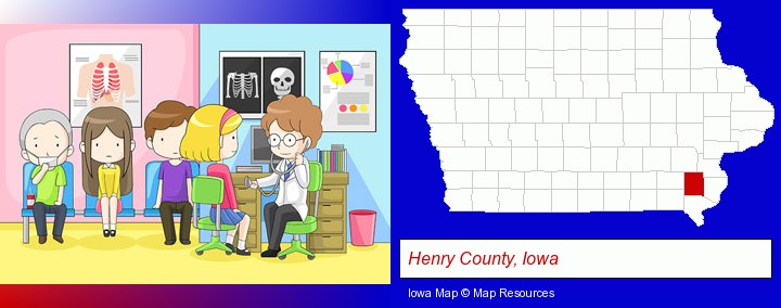 a clinic, showing a doctor and four patients; Henry County, Iowa highlighted in red on a map