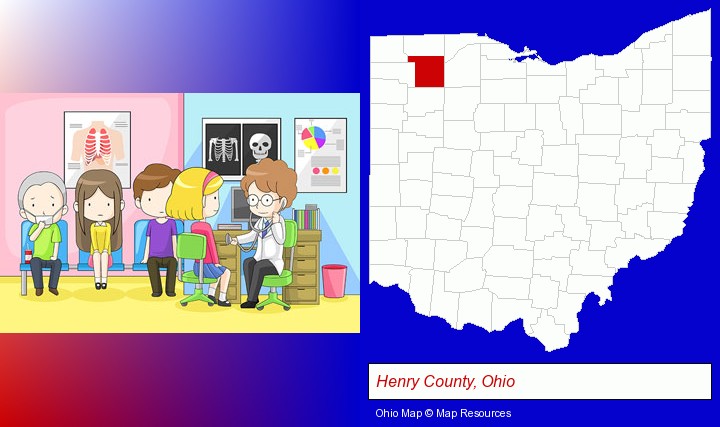 a clinic, showing a doctor and four patients; Henry County, Ohio highlighted in red on a map