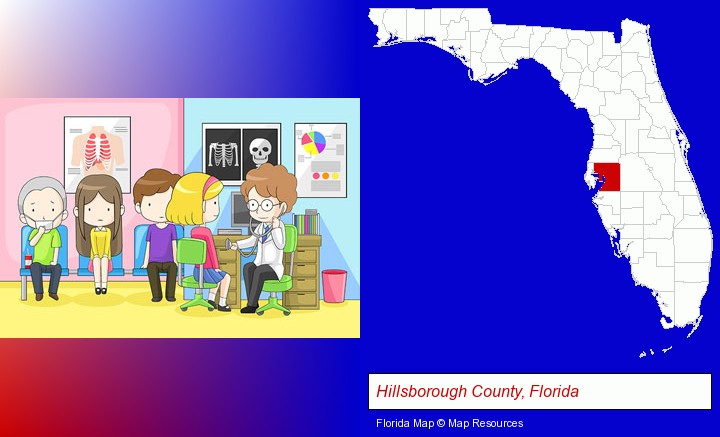 a clinic, showing a doctor and four patients; Hillsborough County, Florida highlighted in red on a map