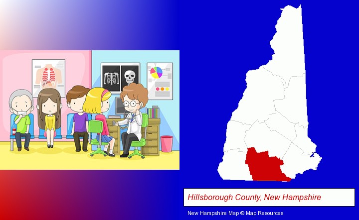 a clinic, showing a doctor and four patients; Hillsborough County, New Hampshire highlighted in red on a map