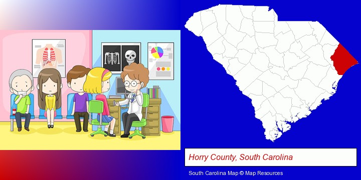 a clinic, showing a doctor and four patients; Horry County, South Carolina highlighted in red on a map
