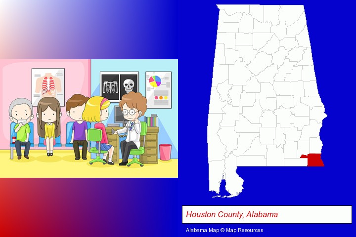 a clinic, showing a doctor and four patients; Houston County, Alabama highlighted in red on a map