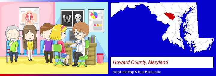 a clinic, showing a doctor and four patients; Howard County, Maryland highlighted in red on a map
